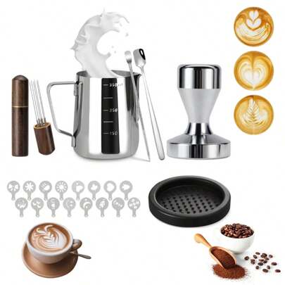 Kit Barista 22 Accesorios Para Café. Incluye Tamper 51mm, Jarra Espumadora, Pluma Latte Art, Base Y Plantillas,Jarra Espumadora 350 ml, Bolígrafo para Latte Art, Agitador de Café, Tapete para Prensador, 16 Plantillas de Cafés