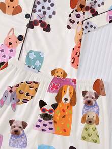 2pcs Tween Girl Pajama Set, Cute Colorful Dog Print Design, Loose Fit Short Sleeve Shorts, Casual Outfit With Turndown Collar Cardigan, Suitable For Boys And Girls, Everyday Wear, Sleepovers, Holidays - White - View 6