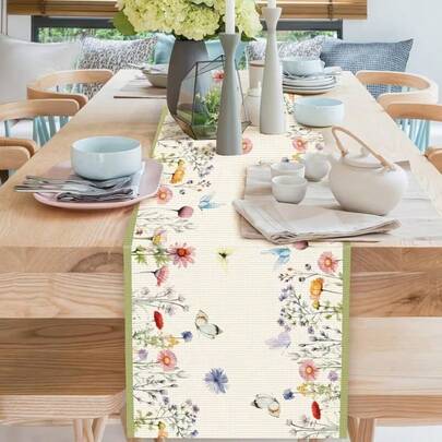 1pc Spring Table Runner, Rectangular Floral Decor, Seasonal Colorful Floral Design, Easter Family Gathering Kitchen Decor, 13x35/13x47/13x72/13x90/13x108 Inches