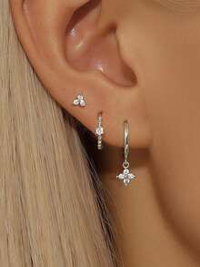 3件套三瓣锆石花朵耳环套装，女士款，18K镀金低过敏性耳骨耳廓耳环耳钉耳软骨穿刺饰品，适合日常佩戴 - 銀-22 - 查看 2