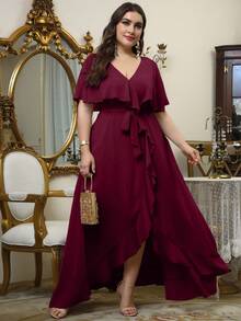 UNITHORSE Plus Size V-Neck Ruffle Trim Chiffon Bridesmaid Dress - Burgundy - View 7