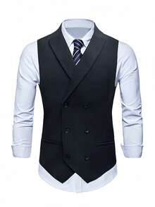 Officeau Men's Solid Color Slim Fit Tailored Business Casual Double-Breasted Vest, Suitable For Office, Business Travel, Party, Commuting - Black - View 4