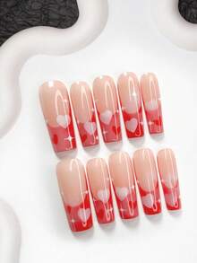 10片红色梦幻法式美甲贴纸，心形图案，星星装饰，白色凝胶指甲油，渐变美甲，软甲，包含工具包（1片果冻贴纸+1个指甲锉），3种尺寸：杏仁形、鸭嘴形、棺材形，适合女性和女孩，适用于约会、婚礼、重大节日、派对等场合的美甲用品。 - 彩色 - 查看 12