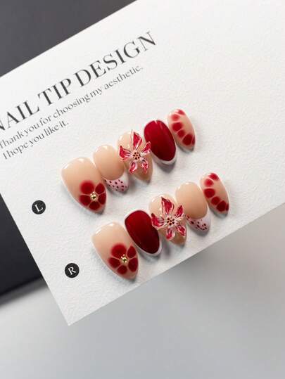 10片装短款杏仁形亚克力美甲贴纸，手工制作，甜美少女风美甲，适合女性和女孩在节日派对上佩戴。纯手工制作，可重复使用，包含1个迷你指甲锉和1张自粘贴纸。