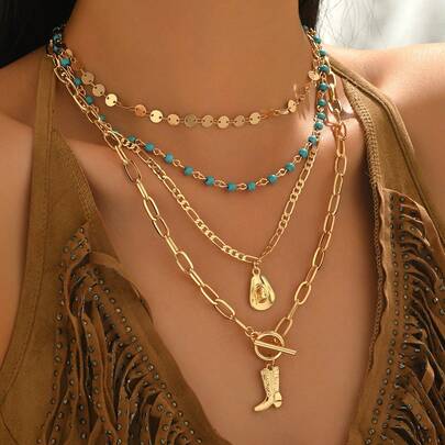 4pcs/Set Vintage Western Cowgirl Style Necklace Set, Gold Tone Handmade Chain With Metal Hat & Boot Charms, Fashion Jewelry Accessories For Women, Suitable For Photo Shooting And Outdoor Travel Wear. The Handmade Chain Is Randomly Cut In Length And Number Of Beads.