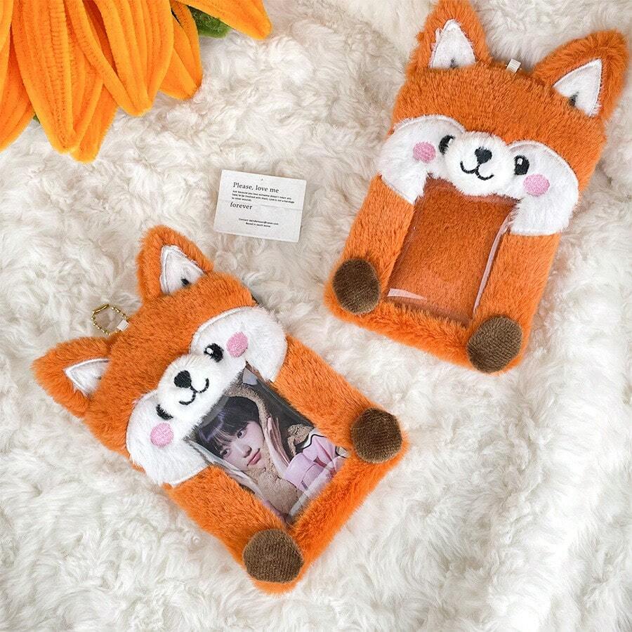 Long-Eared Fox Doll Furry Card Holder Pendant, Idol Photo Transparent Display Case, Campus Card And Meal Card Storage Keychain, Portable And Cute Pendant - 狐狸卡套-1pcs - 查看 1