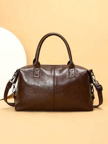 新款复古PU皮女士手提包，时尚拉链单肩包，配可拆卸肩带，女士工作旅行二合一包 - 咖啡 - 查看 8