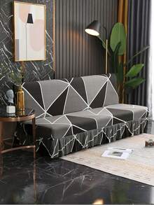 Geometriskt mönster bäddsoffaöverdrag med kjolkant - Kreativ design, modern stil, halkfri, tvättbar - Ett modernt måste för vardagsrummet - Mörkgrå - Visa 1