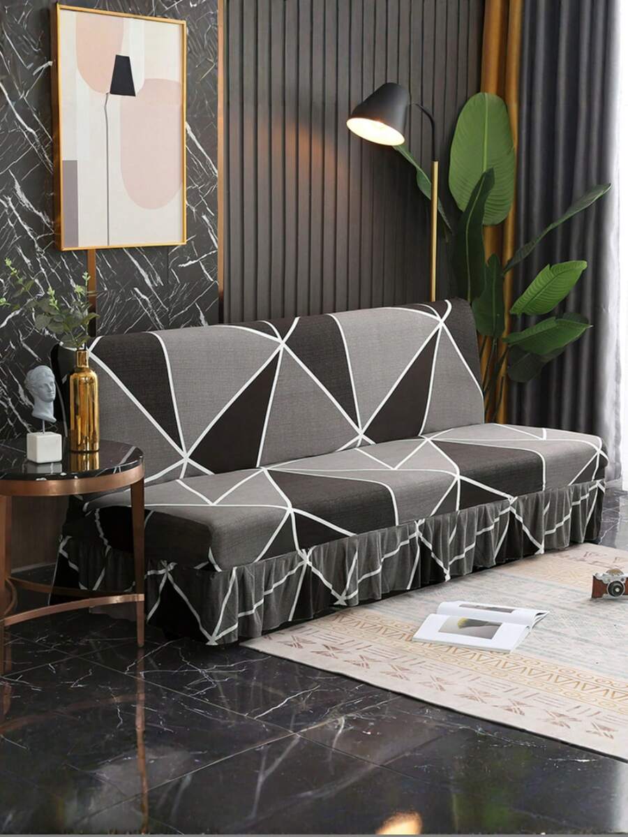 Geometriskt mönster bäddsoffaöverdrag med kjolkant - Kreativ design, modern stil, halkfri, tvättbar - Ett modernt måste för vardagsrummet - Mörkgrå - Visa 1