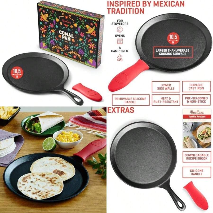 Uno Casa - Sartén Comal de hierro fundido de 10.5 pulgadas - Sartén para Roti/Comal, Tawa/Dosa Pan Pataconera, Comales para Tortillas - Comal Para Tortillas Grande - Plancha de hierro fundido(26,67cm) - Multicolor - Ver 1