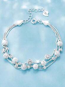 New Lightweight Luxury Layered 925 Sterling Silver Beaded Bracelet - Multicolor - View 3