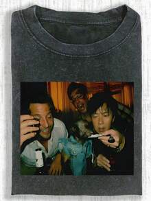 230g Water Washed, Enjoy Life Together With Printed T-Shirts, High-Quality Wax Printed Cotton Retro Fashion Brand T-Shirts, Men's T-Shirts, Beach Essentials, Men's Summer Clothes Summer T-Shirts, Holiday Gifts, Perfect Gifts - 黑色 - 查看 1