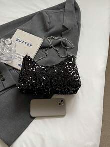 1pc Zipper Closure PVC Sequin Shiny Shoulder Bag, Fashion Chain Strap Clutch Bag, Suitable For Women's Party, Date, Evening Use - Black - View 3