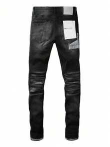 American  Brand Men Jeans Black Gray Distressed Ripped Slim Fit Stretch Skinny Jeans With Cat Whisker Washed Details And Tapered Leg - 深灰色 - 查看 2