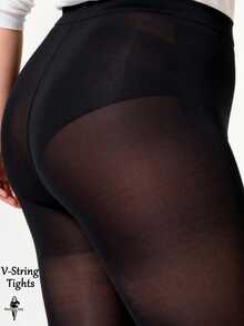 120D V-String Tights, Women Plus Size Black Pantyhose, Sheer, Versatile & Fashionable, Stretchy, Suitable For Spring/Summer, Valentine's Day Outfit, Stylish, Comfortable