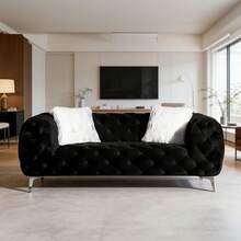 73.2" Tufted Velvet Loveseat Sofa - Modern Comfy Couch With Wide Armrests & Deep Seats, Silver Metal Legs For Small Space Apartment - màu đen - Xem 1