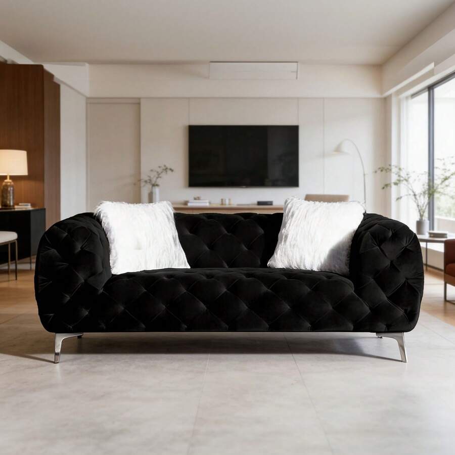 73.2" Tufted Velvet Loveseat Sofa - Modern Comfy Couch With Wide Armrests & Deep Seats, Silver Metal Legs For Small Space Apartment - màu đen - Xem 1
