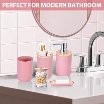 Juego de 5 piezas de accesorios de baño en color rosa simple, que incluye dispensador de jabón líquido, botella de loción, portacepillos de dientes, jabonera, accesorios de baño