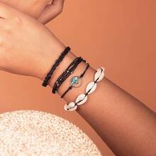 FANCY SHINY Wave String Bracelets Braid Puka Shell Bead Bracelets Handmade Cute  Boho Easter Jewelry Gifts For Women - Black - View 6