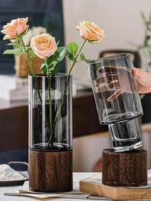 1pc Luxury Wooden & Glass Flower Vase Decor, Living Room Decoration Vase For Hydroponic Lucky Bamboo, Large Diameter Transparent Glass Flower Vase For Fresh Flowers - Multicolor - View 3