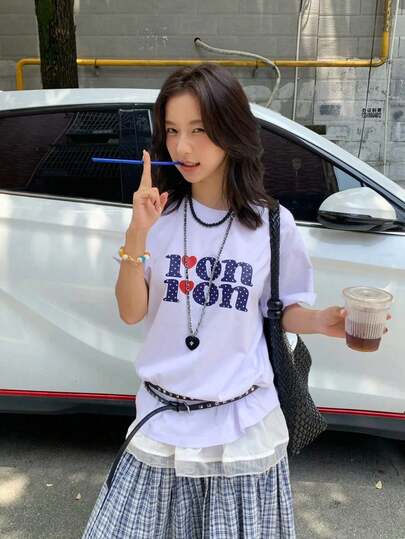 日系女式宽松休闲圆领卡通字母爱心印花短袖T恤，春夏款