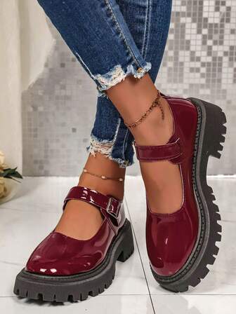 Women's Platform Thick Bottom Loafers, Fashion Casual New Colorblock Retro Chunky Heel Shoes With Bow, Comfortable Soft Bottom, Suitable For Spring/Autumn, Campus Style, Mary Jane, Slip-On, All Season, Small Leather Shoes, Height Increasing & Slimming, Professional/Office, Basic, Work, Buckle Outer Wear, College Style, Patent Leather