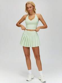 MASKERT Women's High Waist Pleated Sports Mini Skirt, Built-In Anti-Exposure Shorts, Side Button Pockets, Suitable For Tennis And Fitness - Mint Green - View 7