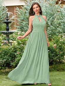 MIUSOL Đầm dạ hội hở lưng, chất liệu chiffon phối ren hoa đính sequin, màu tương phản, xếp ly, thích hợp cho khách dự đám cưới, lễ tốt nghiệp, tiệc chiêu đãi và các dịp khác trong mùa hè. - Màu xanh Bạc hà - Xem 5