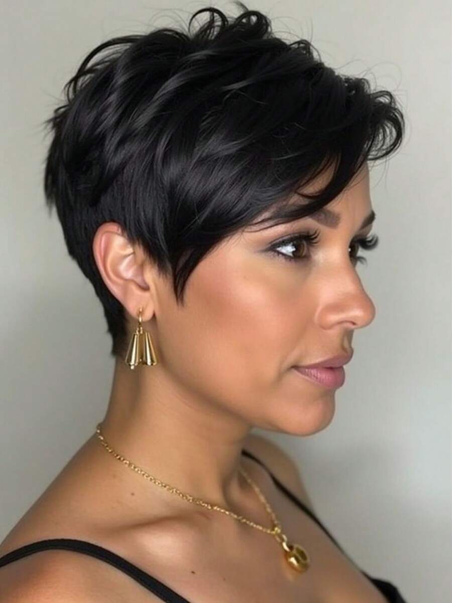 Kurze Pixie-Cut Perücken, schwarze Perücken mit Pony, hitzebeständige synthetische Fasern, Perücke mit Seitenteil, geschichtet, gerade, Pixie-Haarschnitt-Perücken für Frauen für den täglichen Gebrauch, Partys oder Cosplay - Schwarz - Übersicht 1