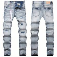 Men Jeans 2025 New Purple Ripped Patchwork High Street Slim Fit Skinny Jeans For Men With Distressed Details And Stylish Design  Fashion Denim Pants - Màu xanh lam - Xem 2