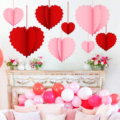 8个3D波浪形红色心形挂饰，非常适合情人节、生日、派对和婚礼装饰