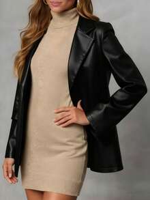 conciso Abrigo de mujer de piel de PU con hombros anchos, bolsillos con solapa, solapa y un solo botón, blazer casual de primavera - Negro - Ver 8