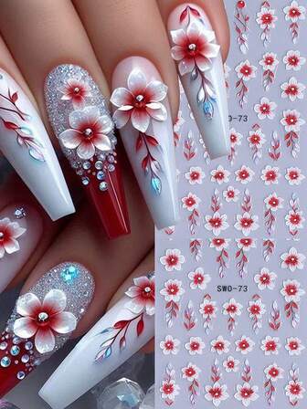 2pcs 5D Embossed Red Flower Nail Art Stickers, Blooming Floral Nail Design DIY Stickers, Winter Nail Supplies, Red Petal DIY Self-Adhesive Nail Decorations