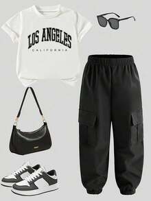 Ensemble sweat-shirt col rond imprimé lettres et pantalon cargo pour filles - Noir - Voir 3