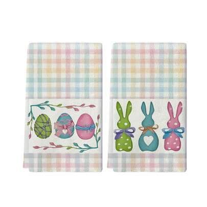 Set de 1/2/100 toallas de cocina de lujo, con diseños minimalistas de estilo de porcelana azul y blanca de conejos de Pascua, coronas y huevos de colores. Tamaño: 40*60cm/16*24 pulgadas, múltiples patrones disponibles, todos adecuados para la mesa de Pascua y la decoración del hogar. 100% poliéster tejido, lavable a máquina, resistente al calor y a las manchas.