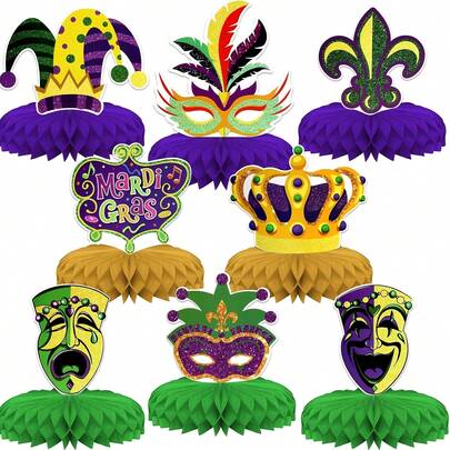 8Pcs Mardi Gras Party Table Decorations,Mardi Gras Honeycomb Centerpieces Masquerade Party Decorations Mask Sign Table Toppers For Mardi Gras Home Decor Supplies