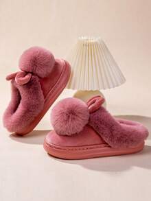 New Autumn/Winter Single Ball Rabbit Warm Slippers, Unisex Couples Solid Color Indoor Non-Slip Backless Slippers, Valentine's Day Gift - Red - View 5
