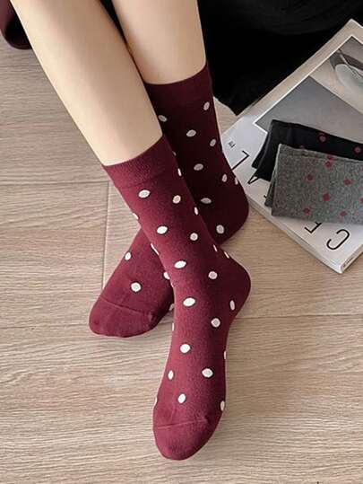 1Pair Women's Polka Dot Mid Tube Socks Ins Style Japanese Spring Autumn Socks Daily Cute Pure Home Commuting Casual Comfortable Women's Socks