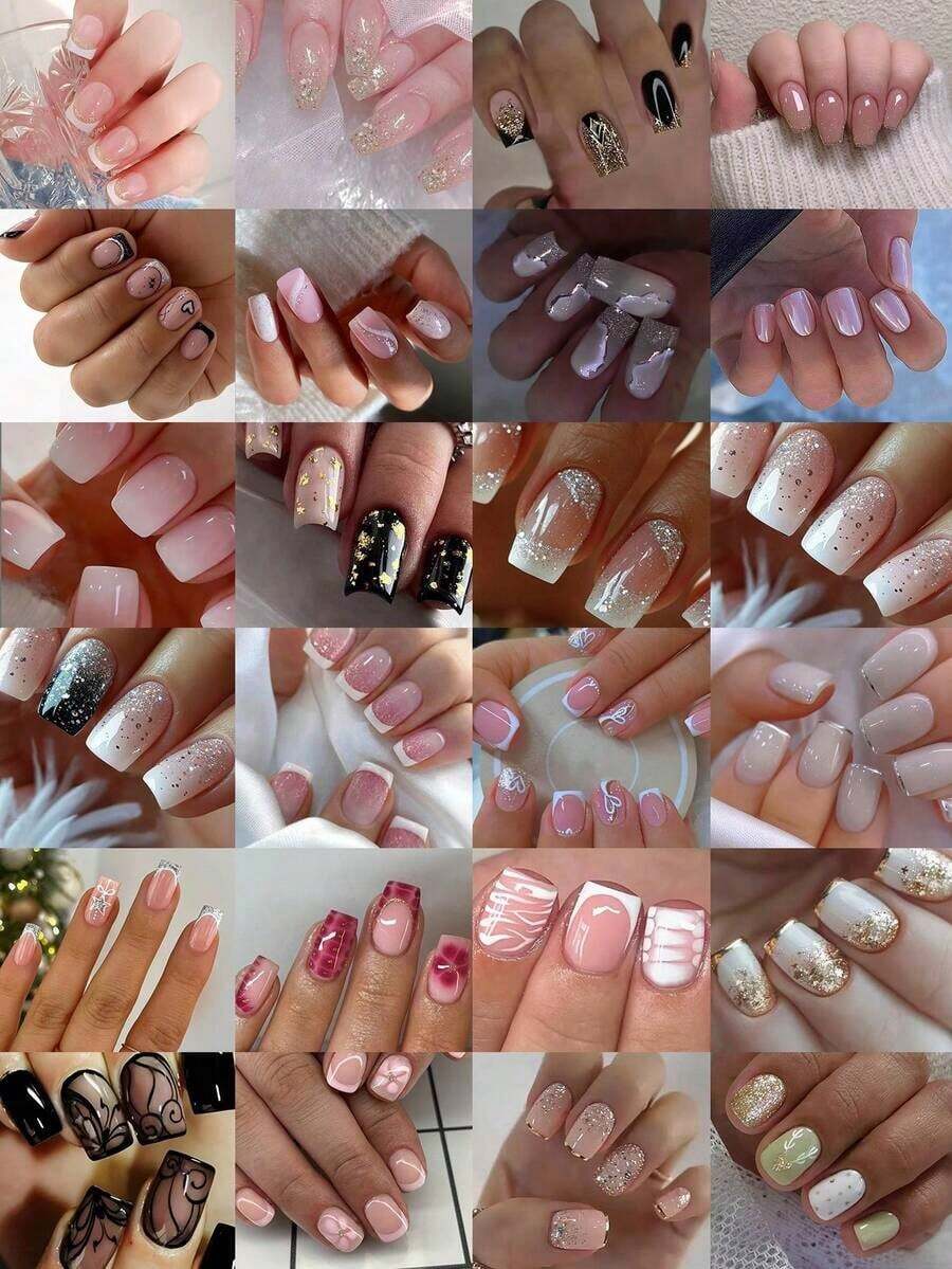 24pcs/Set Medium Square Shiny Colored French Manicure Nail Stickers, Containing Glter, Full Coverage Acrylic False Nails, Inclus 1pc Jelly Gel And 1pc Nail File, Suable For Women And S For Daily Work, Study And Garings - Multicolor 14 - View 1