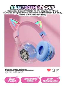 New RGB Glowing Cat Ear Wireless Headphones, Gradient Color Foldable Wireless Bluetooth Headset With Surround Sound, Cute & Fashionable Over-Ear Headphones With Micro SD Card Slot, Suitable For Gaming, Music, Live Streaming - 彩色 - 查看 6