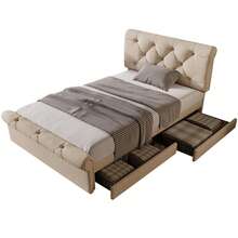 (=111297AAN) Single Upholstered Bed 90x200cm, Bed Frame With 2 Drawers And Height-Adjustable Headboard, Chesterfield Functional Bed, Natural, With Mattress - Beige - View 4