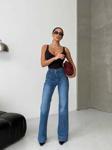 SQUALO Women's Wide Leg Color With Pocket Details Destroyed Retro Washed Street Style Jeans Ripped And Cutout Wide Leg Jeans ,Petite Women - Navy Blue - View 3