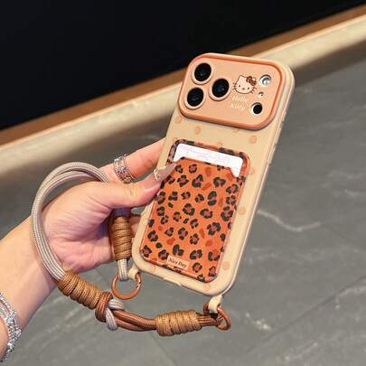  Tarjetero con cordón exclusivo de Hello Kitty de Sanrio, Funda protectora anti-caídas para iPhone 13/14 Promax/15/12/11/1 Promax/16 Pro con diseño de lunares y cordón a juego