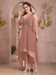 UNITHORSE V-Neck Embroidered Waist Flare Chiffon Dress - Dusty Pink - View 3