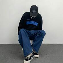 Men's Japanese Korean Style Vintage Slimming Wide Leg Pants, Street Vibe Style Dark Blue Loose Plus Size Jeans - 藍色 - 查看 5