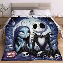 1pc Disney Halloween  Flannel Blanket - Jack Skellington And Sally Pattern, Soft And Warm Small Shawl Suitable For Sofa, Bed, Camping, Office - Comfortable Gift For All Seasons, Halloween, Valentine's Day, Easter, Sofa - Phong cách - Xem 2
