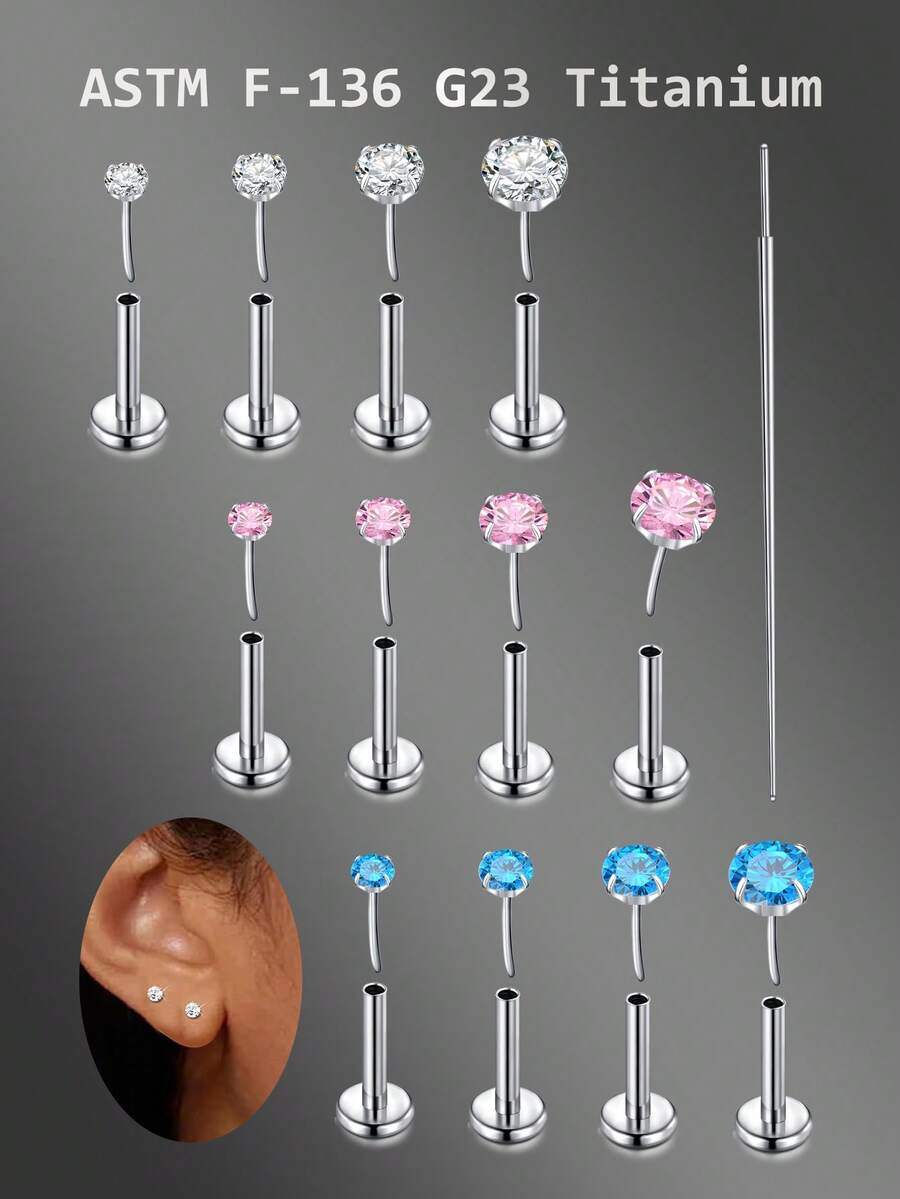 CIZME Piercing de lèvre en alliage de titane G23 sans filetage 20g, anneaux de lèvre avec pierre de CZ incrustée, convient pour le piercing des lèvres et du cartilage de l'oreille, disponible en rose et bleu CZ, unisexe - Argent - Voir 1