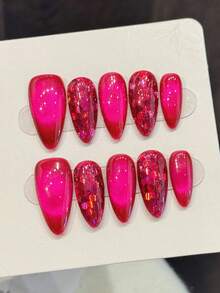 10 piezas de uñas postizas de acrílico, puntas de uñas cuadradas cortas, el color principal es rojo rosa vibrante. Estilo brillante combinado con purpurina a juego, brillante y deslumbrante. Este es un diseño de uñas llamativo y glamoroso adecuado para que las mujeres lo usen en bodas, fiestas, vacaciones y también un regalo ideal de arte de uñas para amigos y familiares. Suministros de uñas, uñas postizas hechas a mano - Multicolor - Ver 3