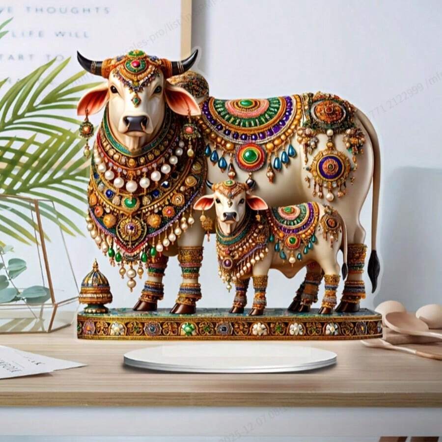 Captor de vise acrilic 2D, plat, în stil boem, cu vacă sacră, cu bază - design viu și realist, excelent pentru decorul casei și biroului, cadou perfect de sărbători - Multicolor - Vizualizare 1