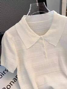 女士透气镂空 Polo 领针织上衣，夏季 - 白色 - 查看 3